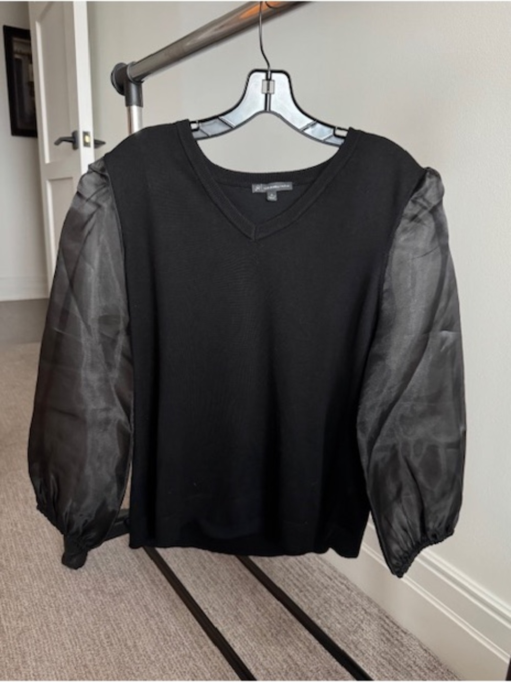Adrianna Papell Black V-Neck Sweater with Sheer Puff Sleeves